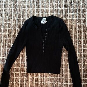 Princess Polly Black Ribbed Button Down Cropped Shirt